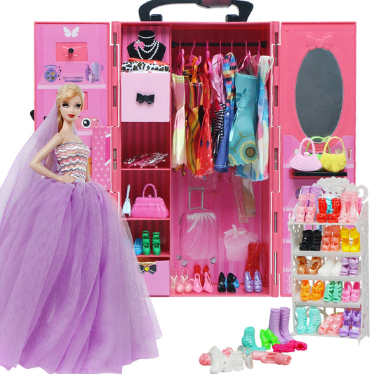 Fashion Dollhouse Furniture 67 Items/Set = 1x Wardrobe + 1 Shoes Rack + 65 Accessories Dolls Clothes Dress Shoes for 11.5'' Doll