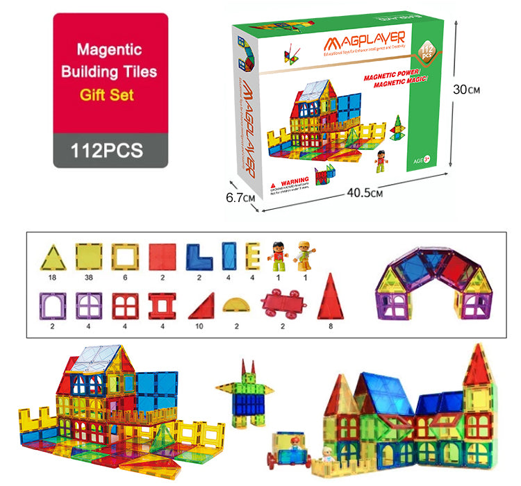 Magplayer Education Toys 112 Pieces Magnetic Tiles Toy Set for Kids