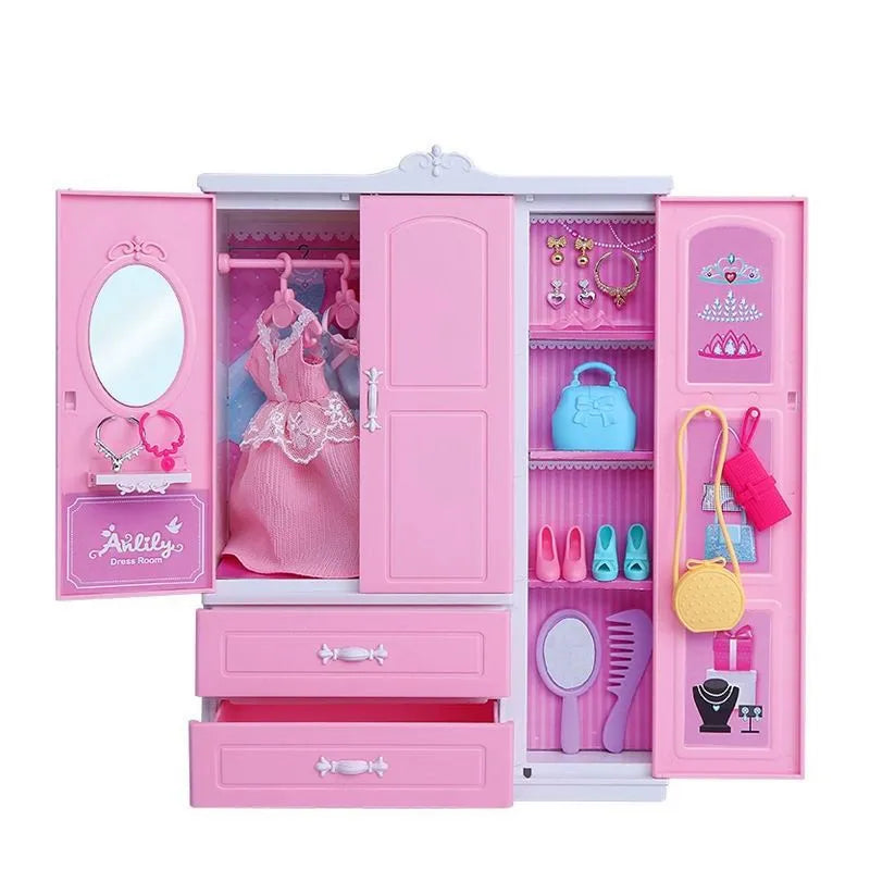 Barbies Dollhouse Furniture 31 Items/Set=1 Wardrobe + 30 Doll Accessories Dolls Clothes Dresses Crowns Necklace Shoes for Barbie