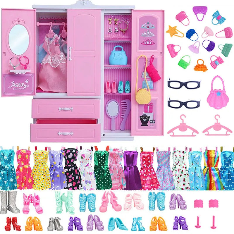 Barbies Dollhouse Furniture 31 Items/Set=1 Wardrobe + 30 Doll Accessories Dolls Clothes Dresses Crowns Necklace Shoes for Barbie