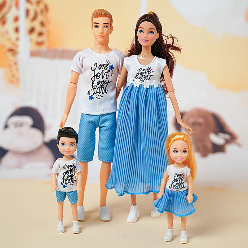 30cm Family Doll Movable Body Mom Dad Ken and Kids 4 Dolls Set 1/6 Barbies Doll Toy for Child Kids Education Birthday Gift