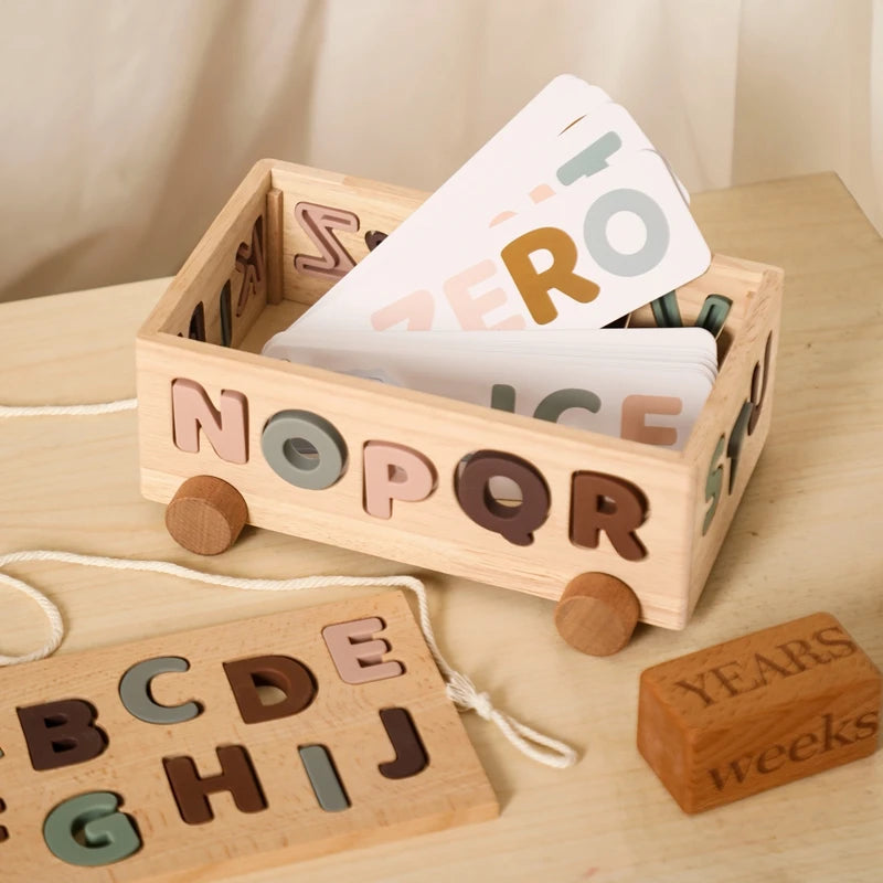 Wooden Montessori Toy Car  Baby Alphabet Car  Baby Learning Toy  Multifunctional Traffic Puzzle Car  Learning Toys Baby's Toys