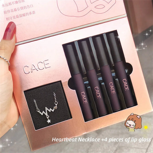 CACE Necklace Lip Glaze Set Box 4-Piece Pack Liquid Lipstick Set Matte Lip Gloss Valentine's Day Gift Lipstick Birthday Gift Set