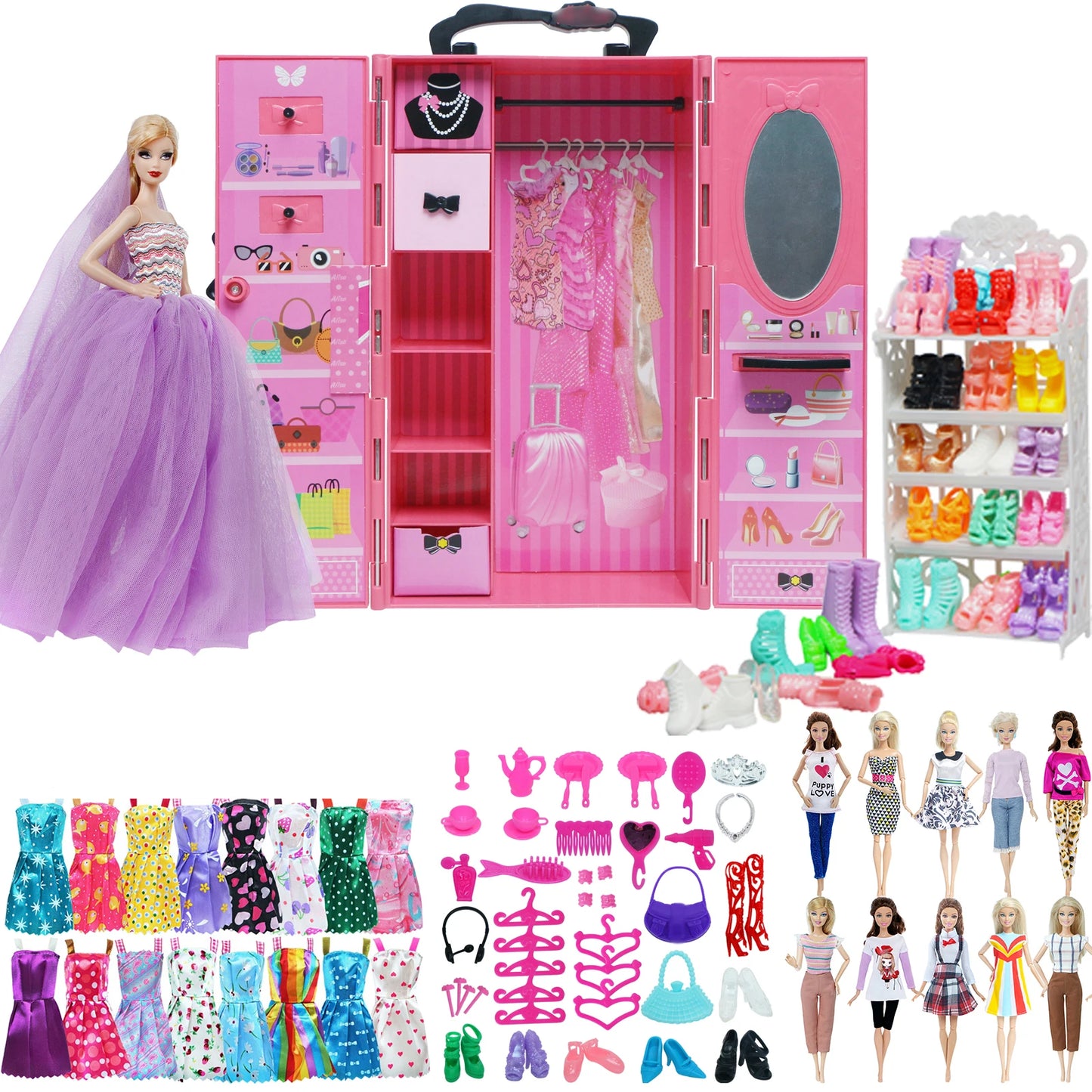 Fashion Dollhouse Furniture 67 Items/Set = 1x Wardrobe + 1 Shoes Rack + 65 Accessories Dolls Clothes Dress Shoes for 11.5'' Doll