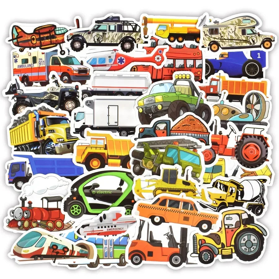 50 PCS Engineering Vehicle Car Sticker Cute Bus Truck Motorcycle Stickers for Kids Toy Travel Trolley Suitcase Laptop Skateboard