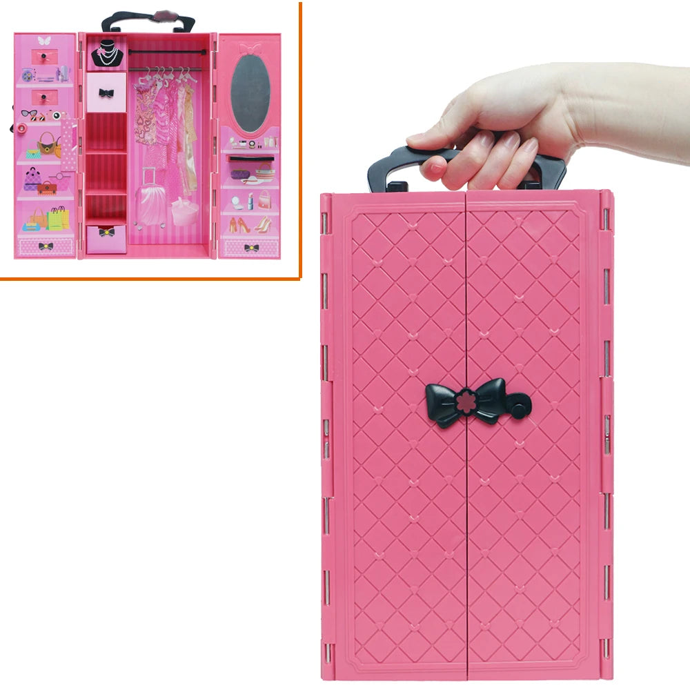 Fashion Dollhouse Furniture 67 Items/Set = 1x Wardrobe + 1 Shoes Rack + 65 Accessories Dolls Clothes Dress Shoes for 11.5'' Doll