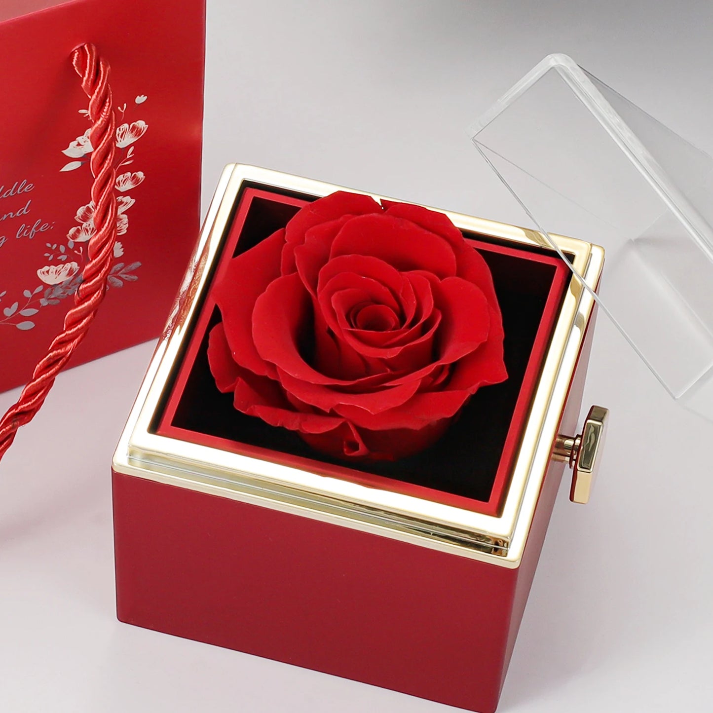 2023 New Valentine Eternal Rose Jewelry Ring Box Rotate Wedding Pendant Necklace Storage Case for Women Valentine's Day Gift