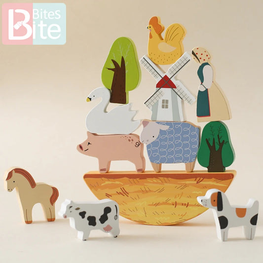 Baby Wooden Farm Stacking Toys Animal Cow Educational Toys Baby Balance Building Blocks Creative Toys Wooden Stacking Toy Gifts