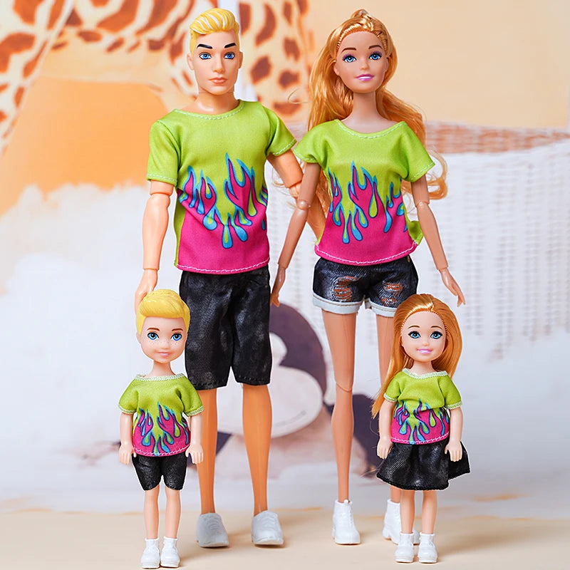 30cm Family Doll Movable Body Mom Dad Ken and Kids 4 Dolls Set 1/6 Barbies Doll Toy for Child Kids Education Birthday Gift