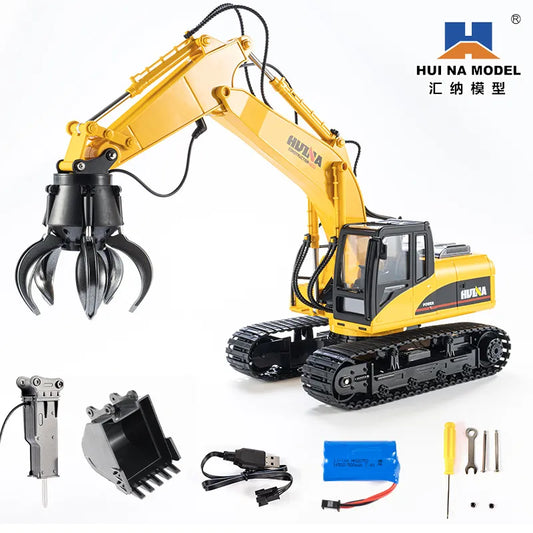 Huina New 3 in 1 Alloy Remote Controlled Truck Excavator RC Car Drill Ball Brabber Truck Toys Gift for Boys and Girls