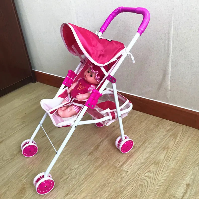 Foldable Doll Stroller Pram Pushchair Safe Baby Dolls Carriages Pretended Play Doll Accessories for Kids