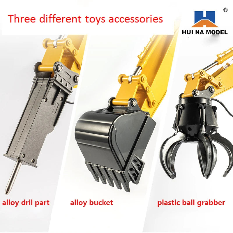 Huina New 3 in 1 Alloy Remote Controlled Truck Excavator RC Car Drill Ball Brabber Truck Toys Gift for Boys and Girls