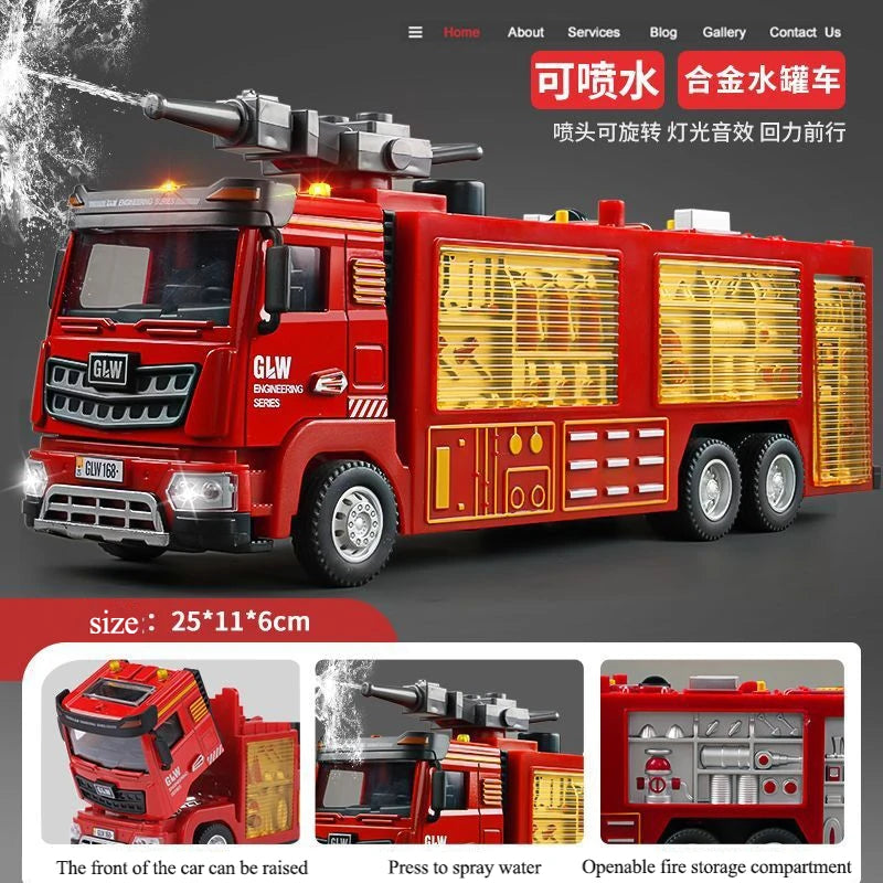 Large Alloy Fire Truck Toy With Sound and Light Sprayable Water Tank Car Simulation Firefighter Rescue Vehicle Boy Gift