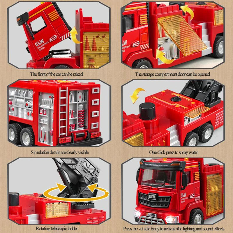 Large Alloy Fire Truck Toy With Sound and Light Sprayable Water Tank Car Simulation Firefighter Rescue Vehicle Boy Gift