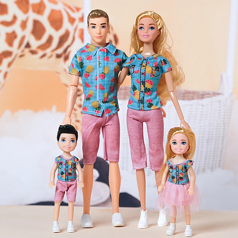 30cm Family Doll Movable Body Mom Dad Ken and Kids 4 Dolls Set 1/6 Barbies Doll Toy for Child Kids Education Birthday Gift