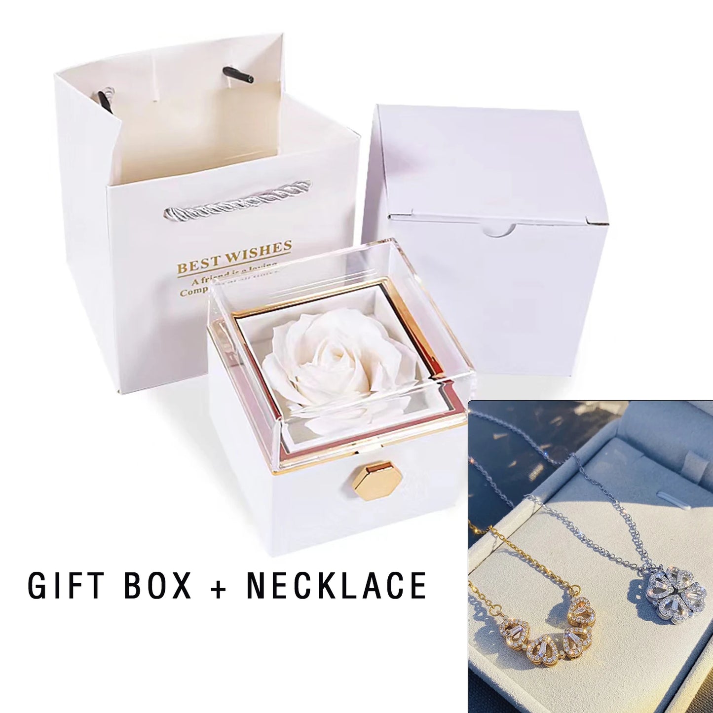 2023 New Valentine Eternal Rose Jewelry Ring Box Rotate Wedding Pendant Necklace Storage Case for Women Valentine's Day Gift