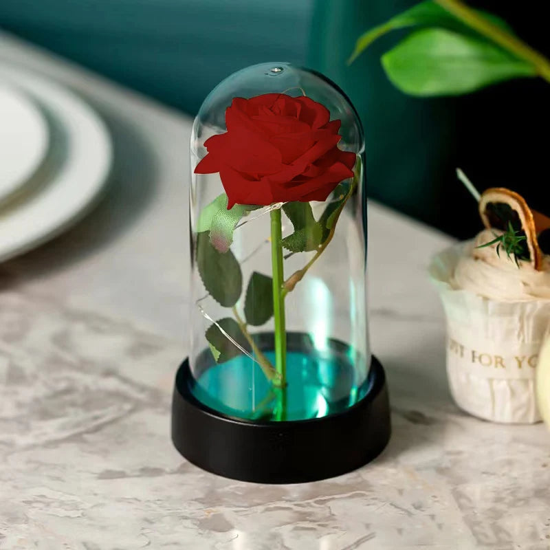 Artificial Rose Flowers Eternal Rose LED Light Foil Flower in Glass Cover Simulation Rose Flower Mothers Day Gifts Party Supply