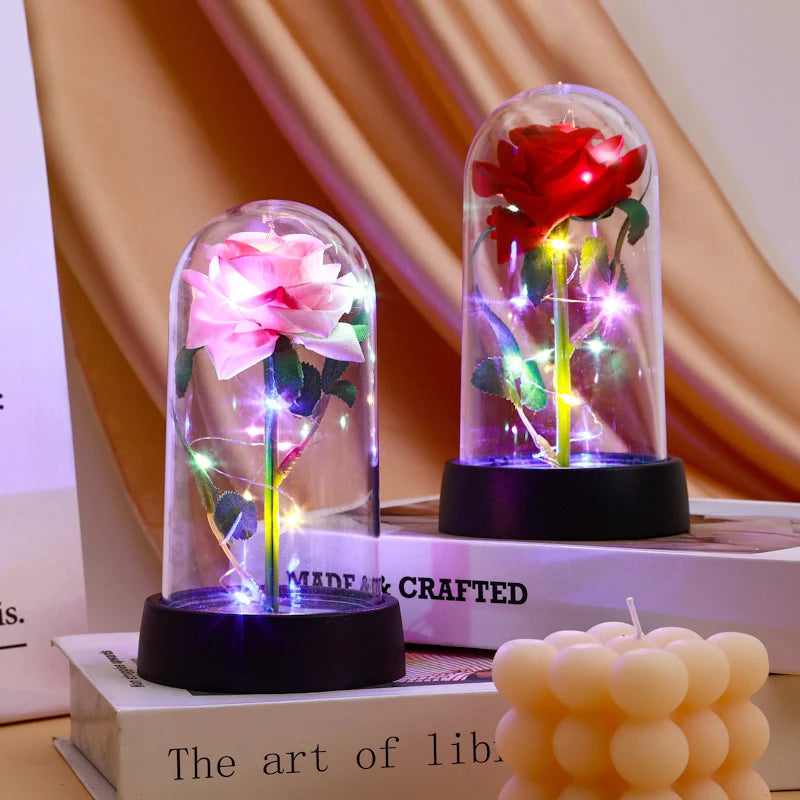 Artificial Rose Flowers Eternal Rose LED Light Foil Flower in Glass Cover Simulation Rose Flower Mothers Day Gifts Party Supply