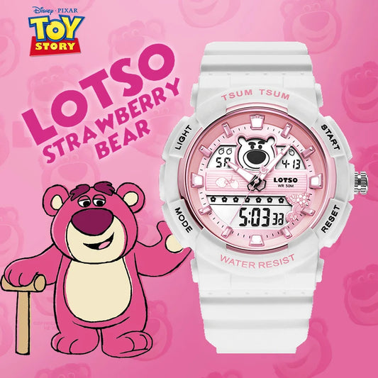 Disney for Children Watch Unisex Dual Display Wristwatch Lotso Cartoon 1/100 Second Chronograph EL Noctilucent Boy Girl Student