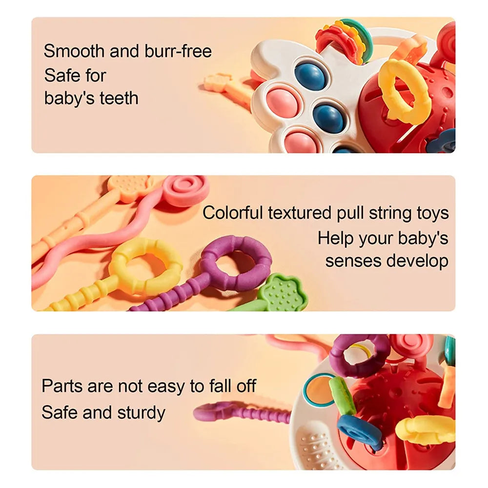 Baby Sensory Montessori Toys Silicone Pull String Toy for 0 12 Months Teething Toy Motor Skill Activity Toys for 1-3 Year Babies