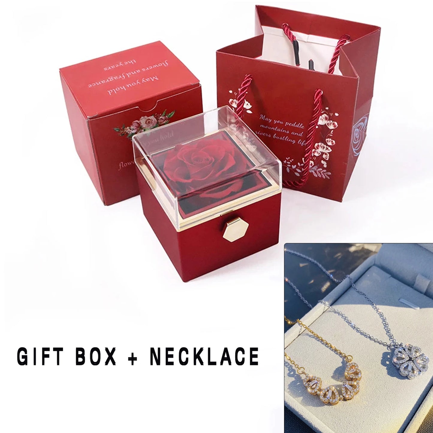 2023 New Valentine Eternal Rose Jewelry Ring Box Rotate Wedding Pendant Necklace Storage Case for Women Valentine's Day Gift