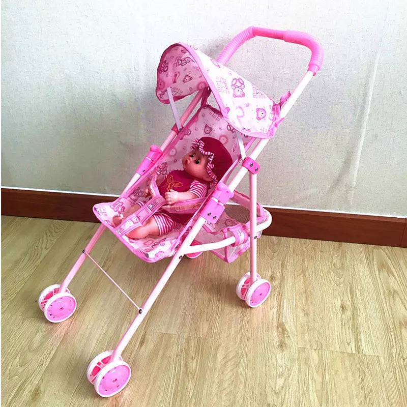 Foldable Doll Stroller Pram Pushchair Safe Baby Dolls Carriages Pretended Play Doll Accessories for Kids