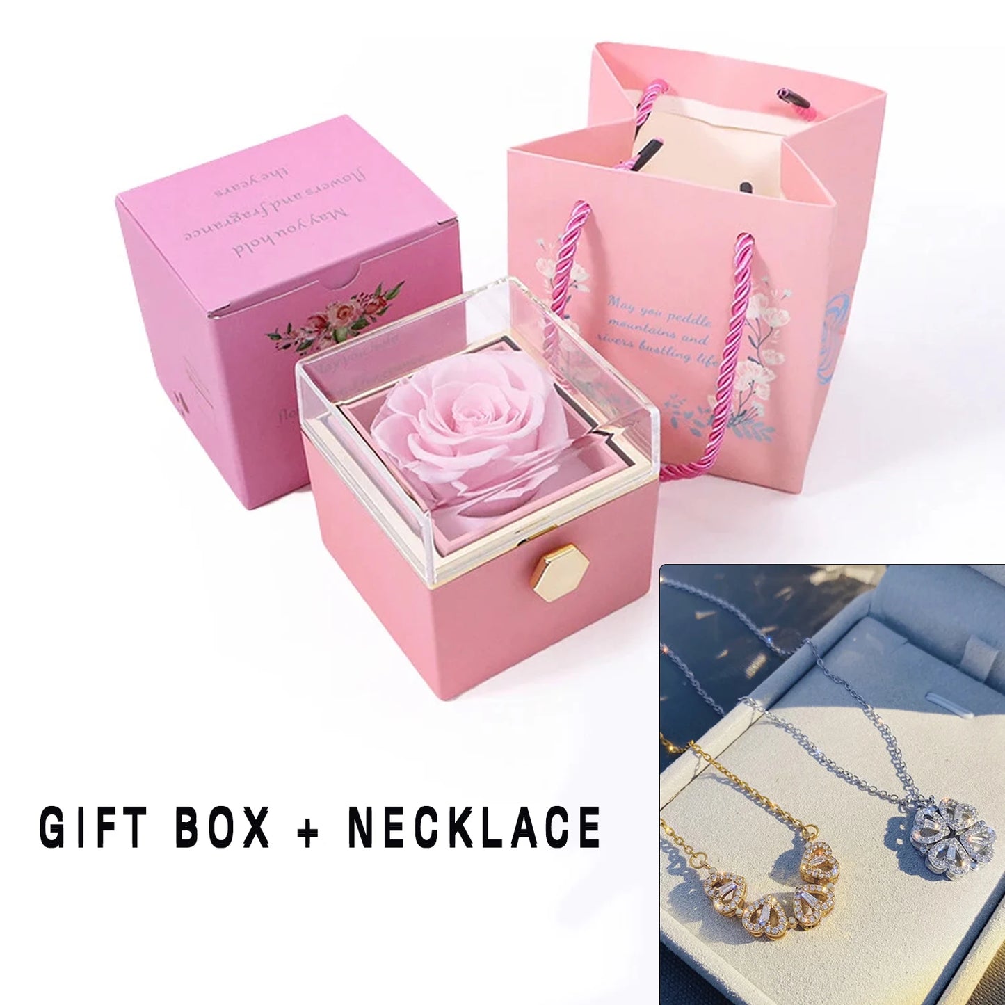 2023 New Valentine Eternal Rose Jewelry Ring Box Rotate Wedding Pendant Necklace Storage Case for Women Valentine's Day Gift