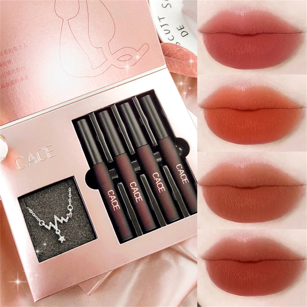 CACE Necklace Lip Glaze Set Box 4-Piece Pack Liquid Lipstick Set Matte Lip Gloss Valentine's Day Gift Lipstick Birthday Gift Set